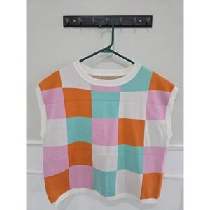 Checkerboard Knit Vest Sweater Tank Top Pastel Color Block Sleeveless M